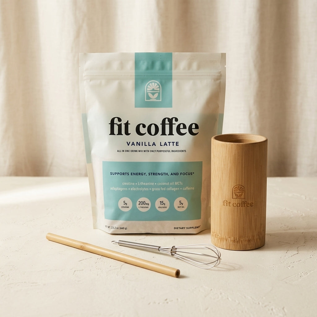 Fit Coffee welcome bundle — bamboo cup, straw, whisk and vanilla latte